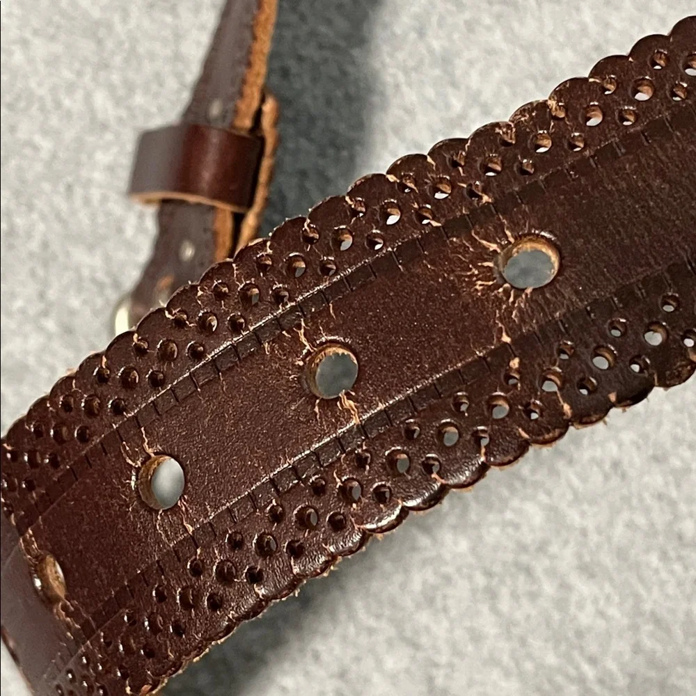 Boho Leather Bonded Belt Womens Medium Brown Silver Brass Buckle Lazer Cut